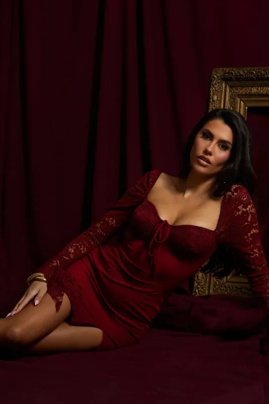 Wine Lace Long Sleeve Mini Dress - Myrah sold by Rebellious Fashion