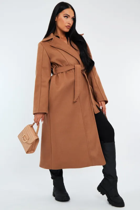Camel Longline Belted Tailored Coat - Syma sold by Rebellious Fashion