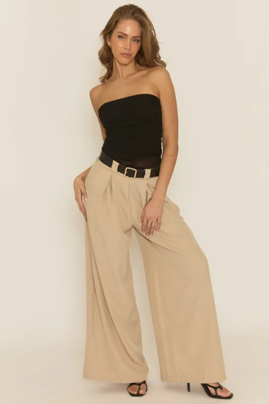 Beige Belted Pleat Detail Trousers - Melly made by Rebellious Fashion