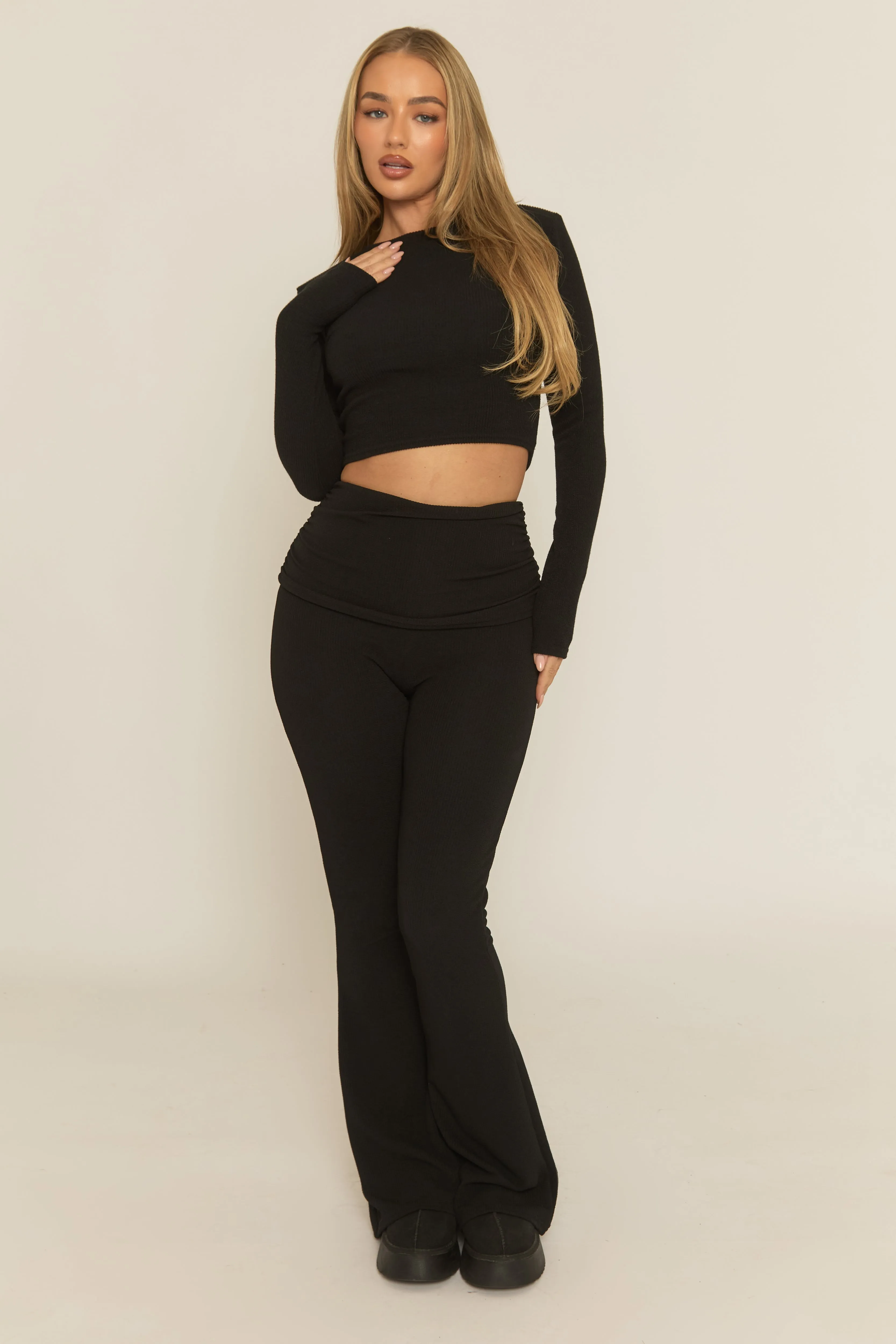 Black Rib Fold Down Waist Loungewear Co-ord Set - Charlene sold by Rebellious Fashion