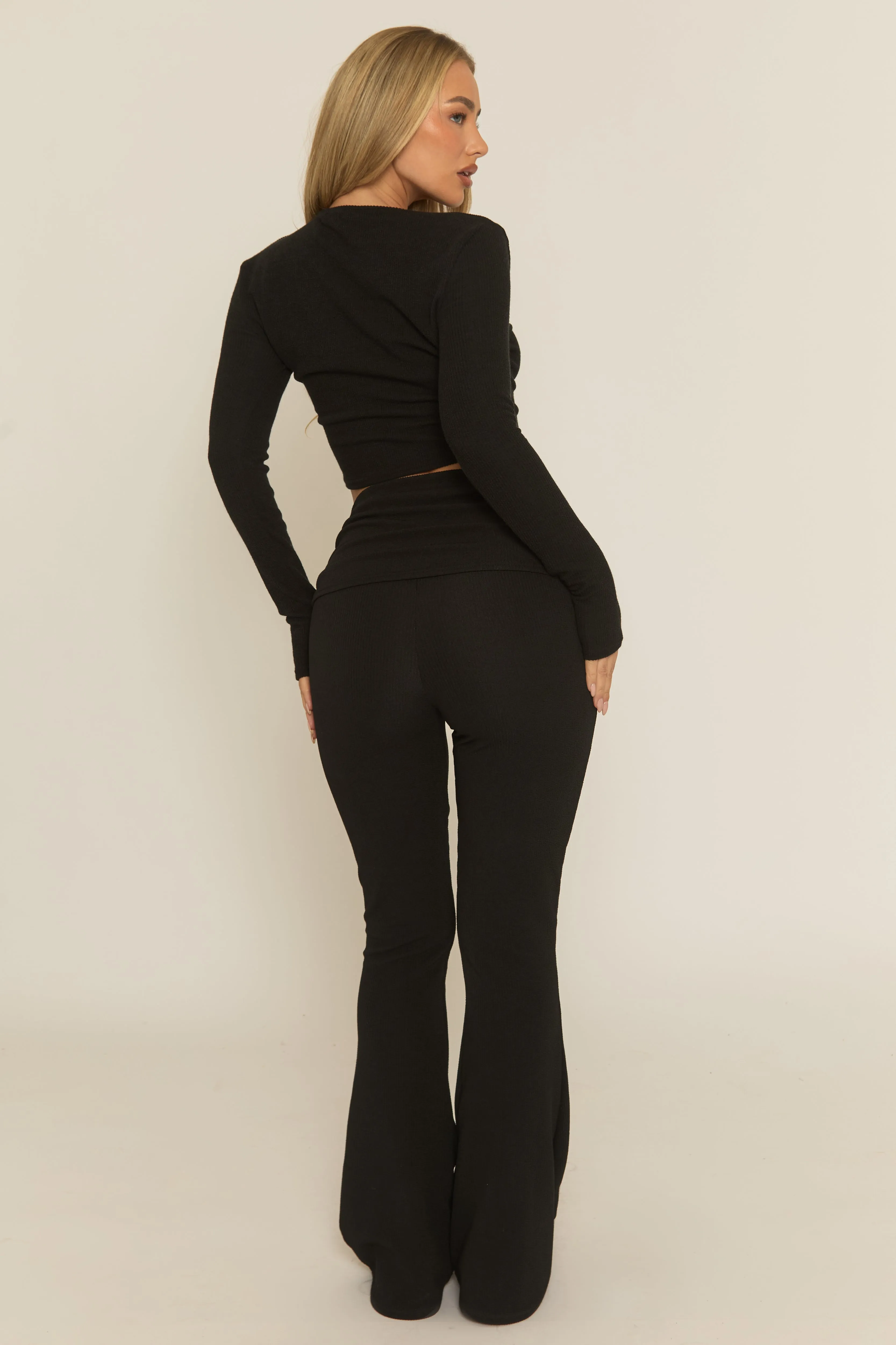 Black Rib Fold Down Waist Loungewear Co-ord Set - Charlene sold by Rebellious Fashion product image thumbnail 4