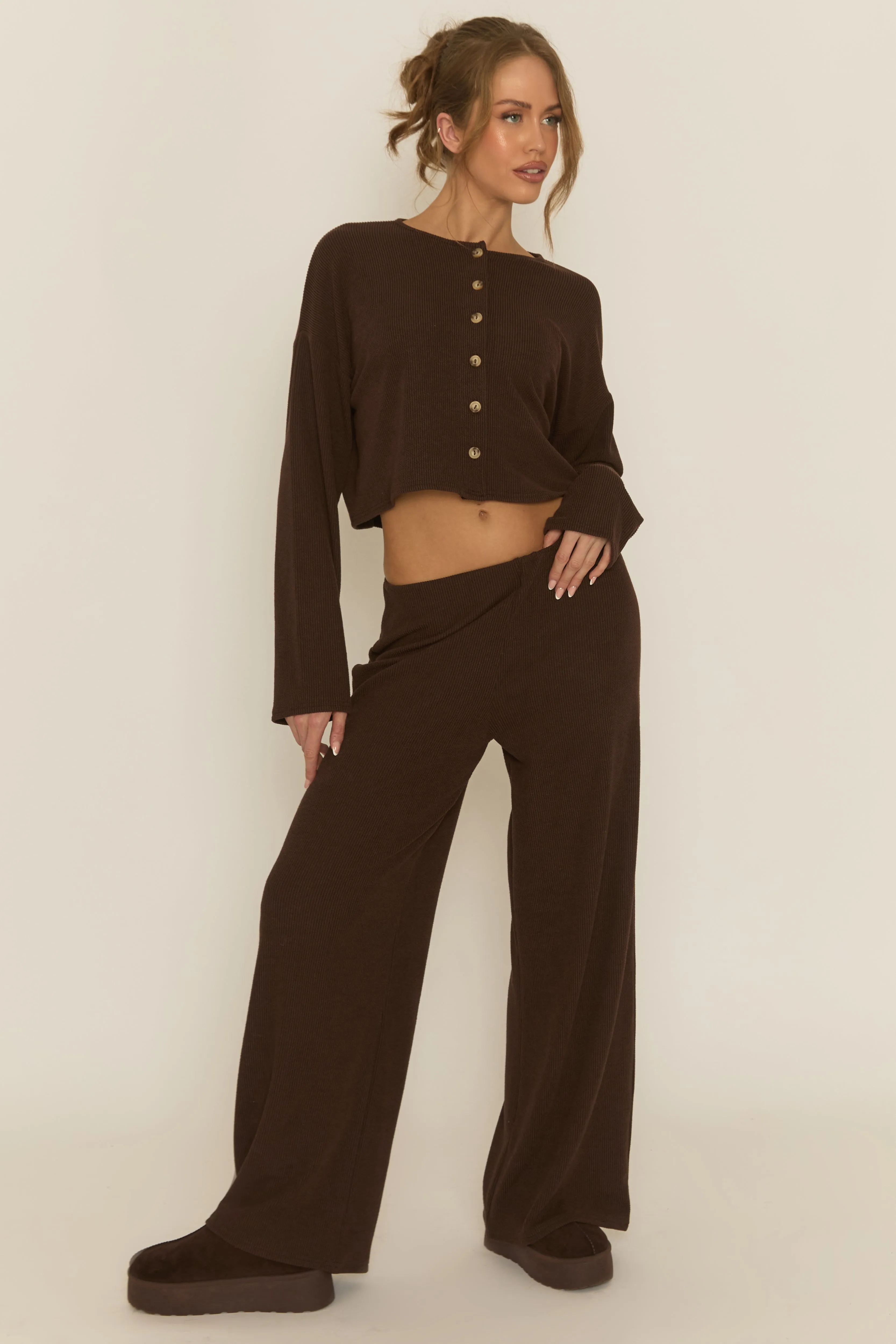 Chocolate Rib Boxy Button Down Loungewear Co-ord Set - Larina sold by Rebellious Fashion product image thumbnail 2