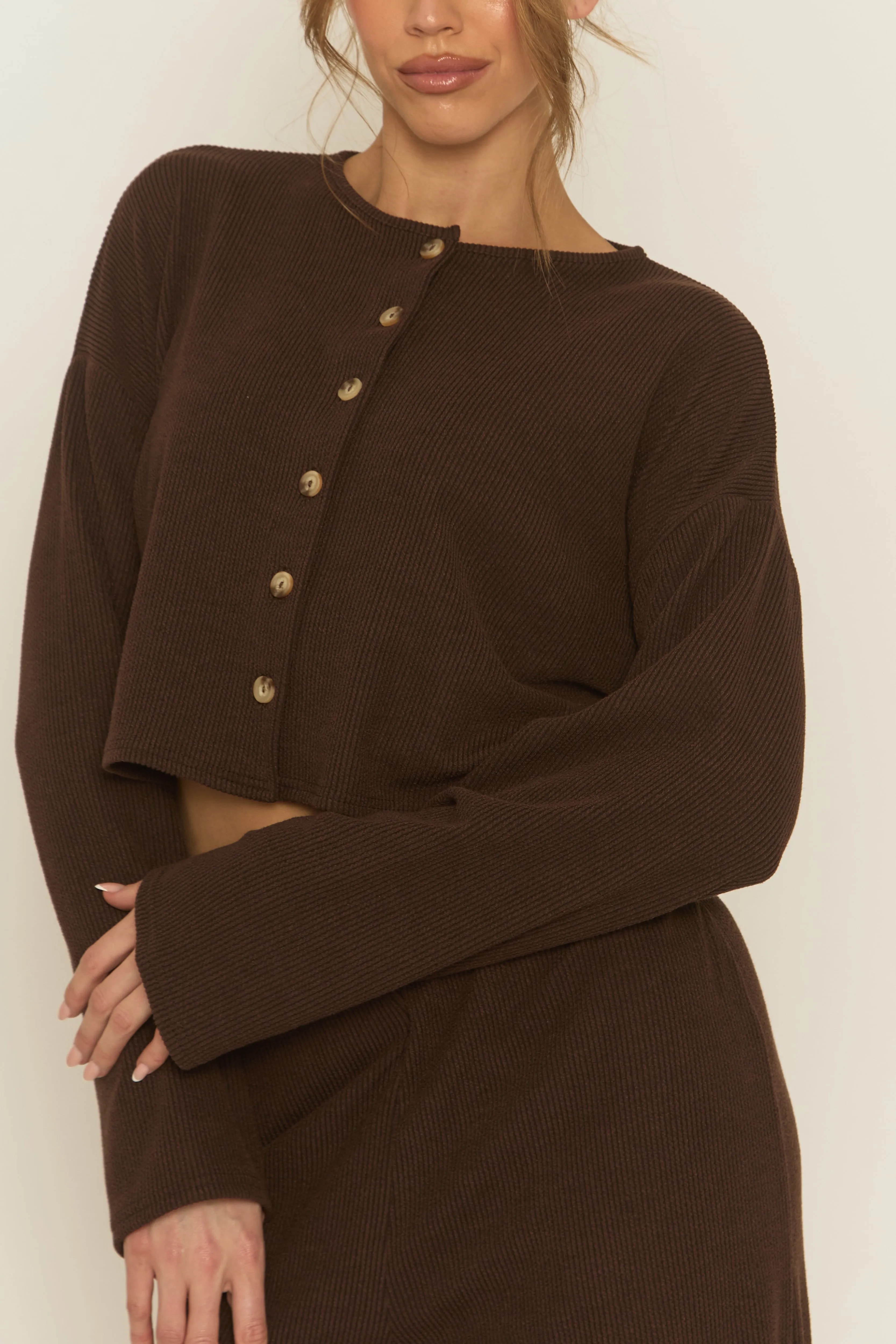 Chocolate Rib Boxy Button Down Loungewear Co-ord Set - Larina sold by Rebellious Fashion product image thumbnail 4