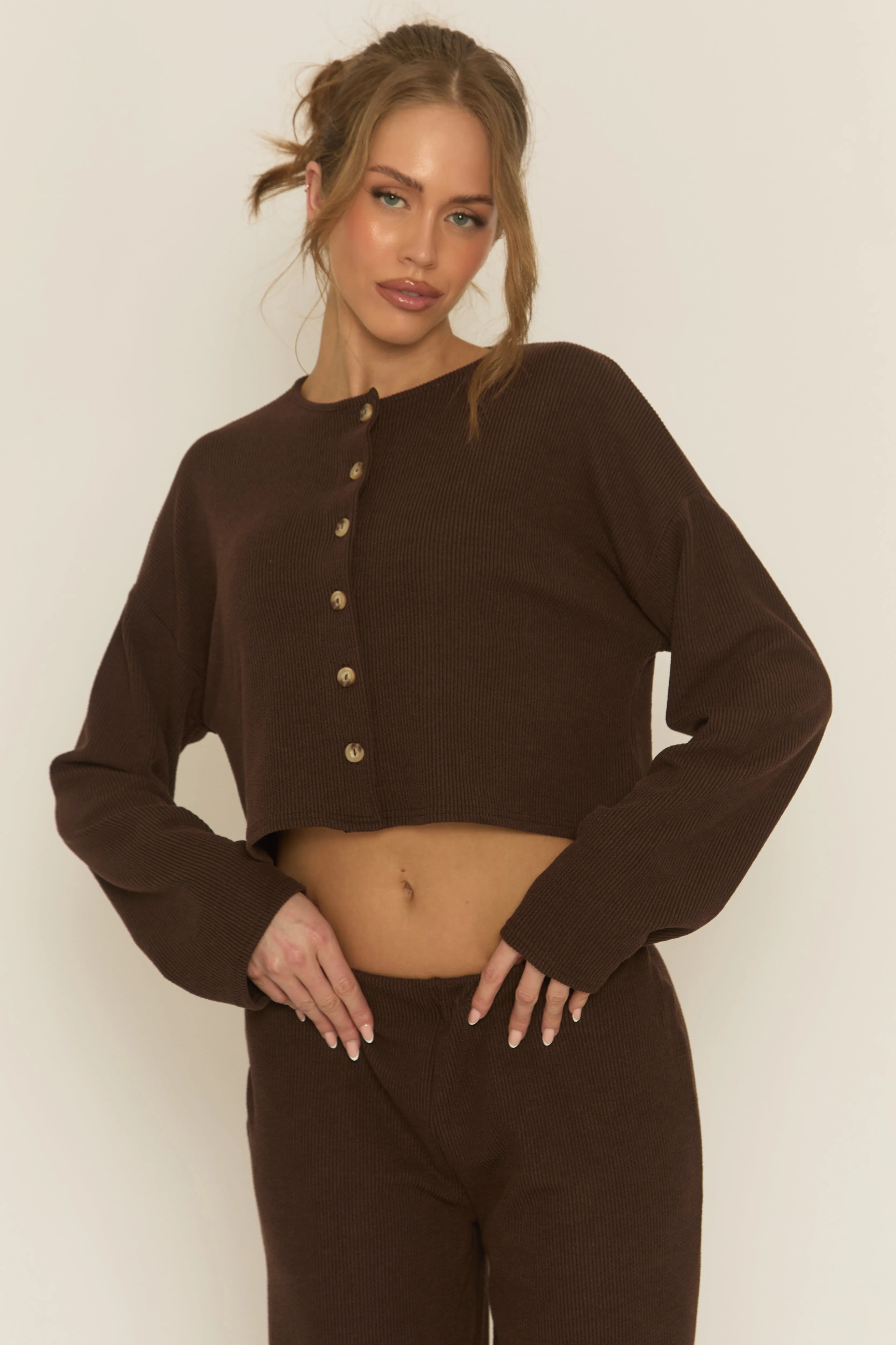 Chocolate Rib Boxy Button Down Loungewear Co-ord Set - Larina sold by Rebellious Fashion product image thumbnail 3