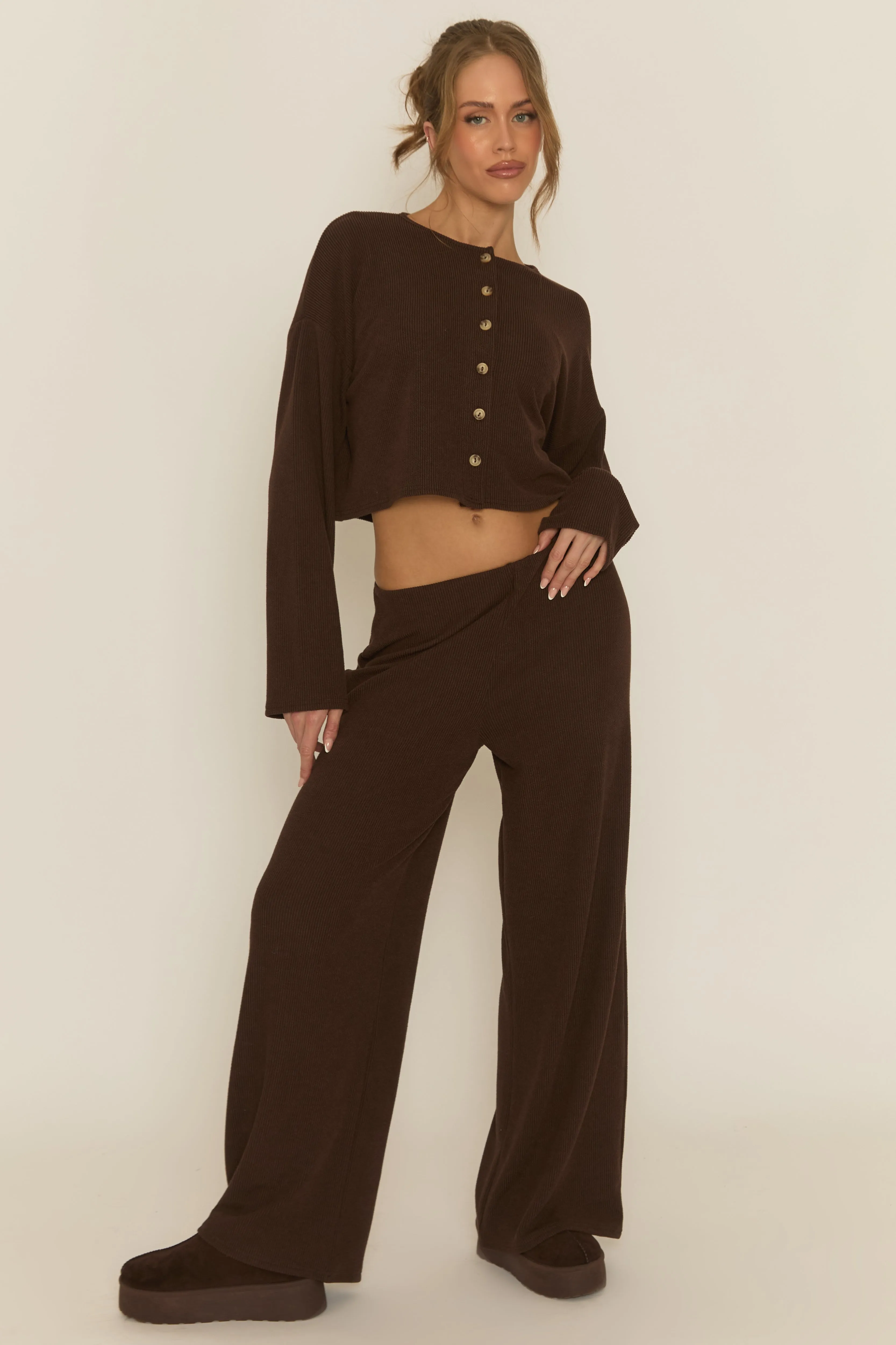 Chocolate Rib Boxy Button Down Loungewear Co-ord Set - Larina sold by Rebellious Fashion