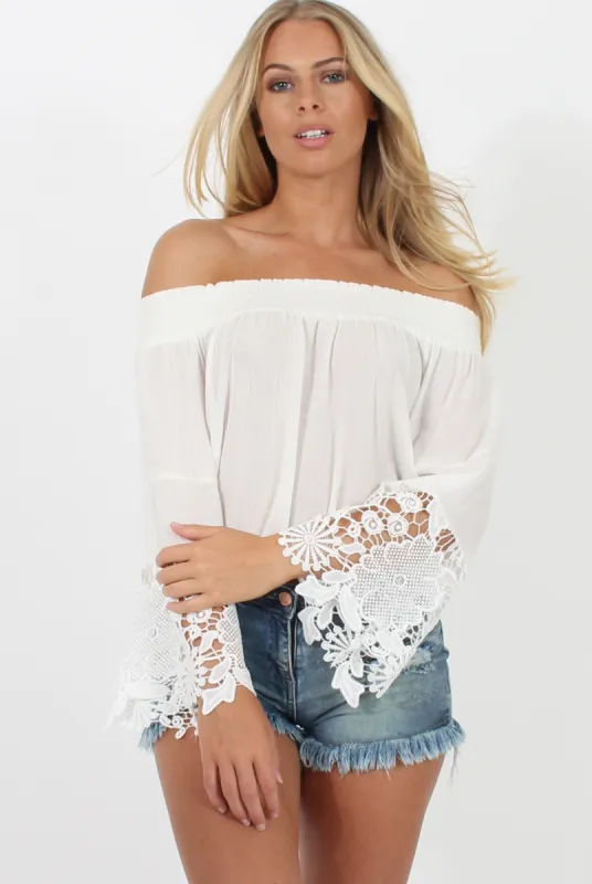 White Off Shoulder Crochet Detail Crop Top - Wednesday sold by Rebellious Fashion