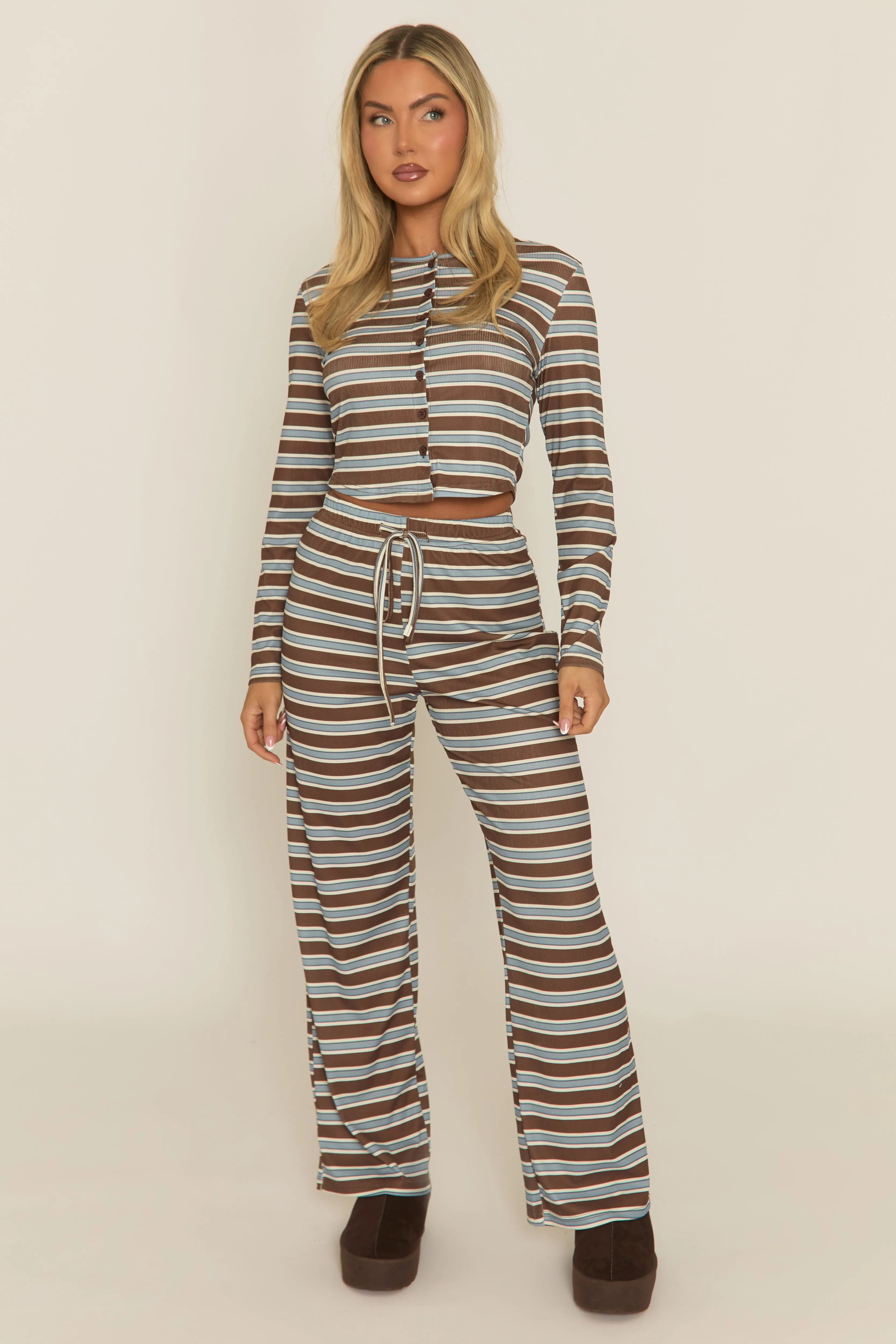 Brown Button Down Rib Loungewear Co-ord Set - Ariee sold by Rebellious Fashion