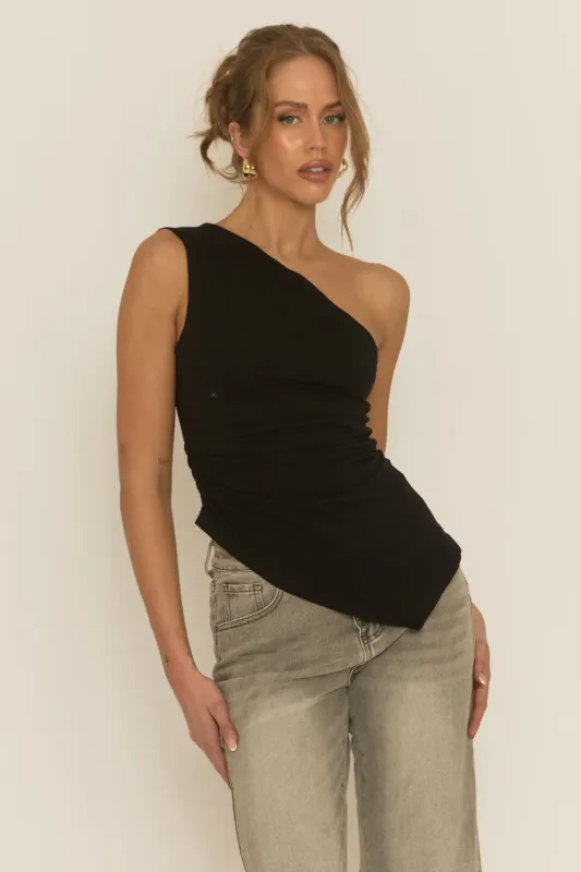 Black One Shoulder Asymmetric Ruched Top - Kiki sold by Rebellious Fashion