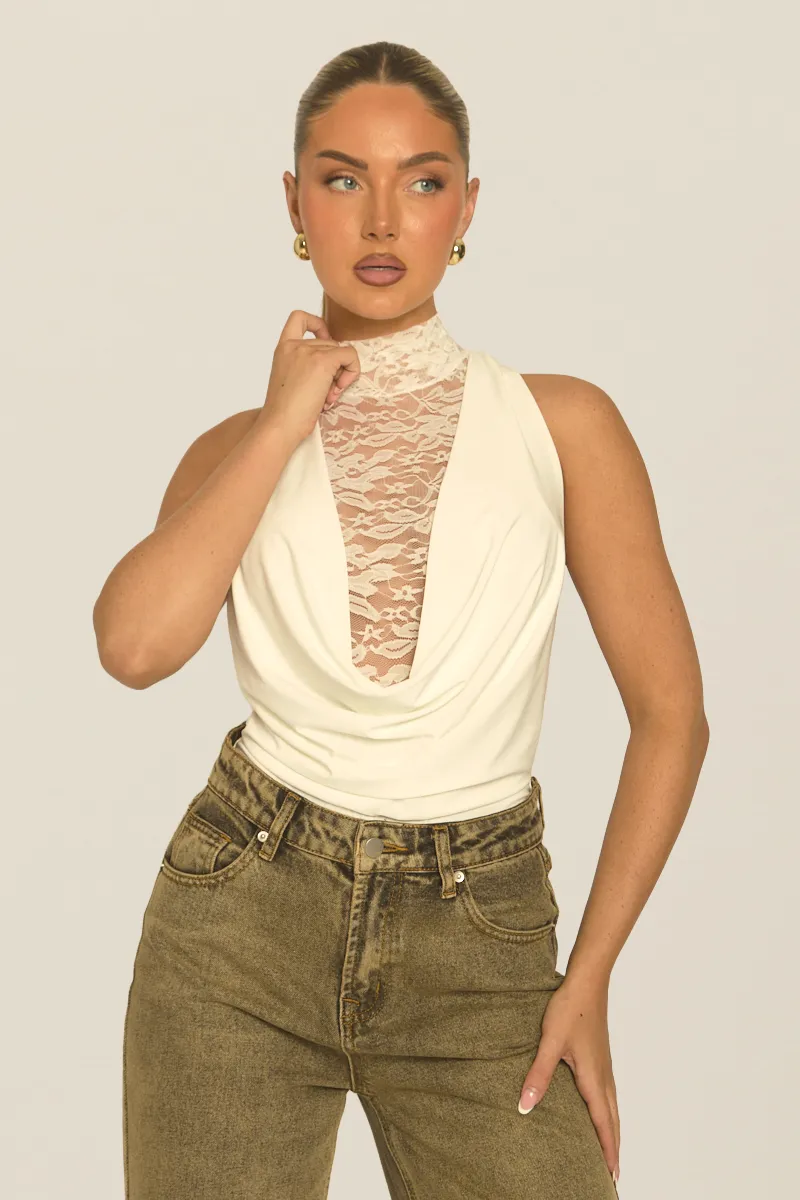 White Lace Drape Front Bodysuit - Aubreen sold by Rebellious Fashion