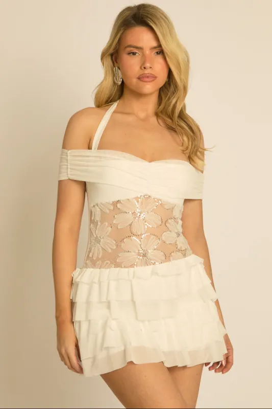 White Floral Embroidered Ruffle Mini Dress - Esca made by Rebellious Fashion