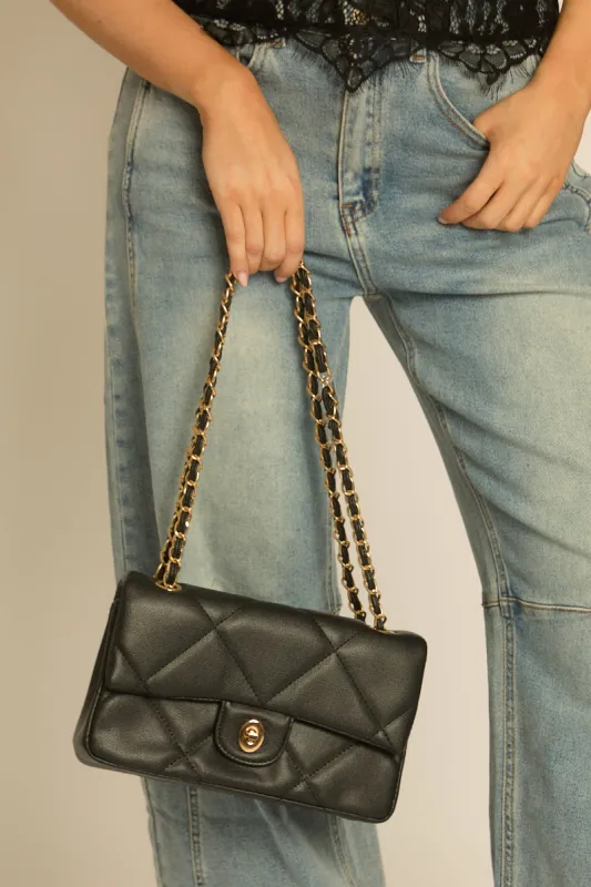 Black Quilted Chain Faux Leather Shoulder Bag - Drew made by Rebellious Fashion
