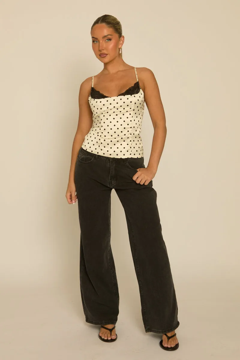 White Satin Polka Dot Lace Trim Cami Top - Arna sold by Rebellious Fashion product image thumbnail 5