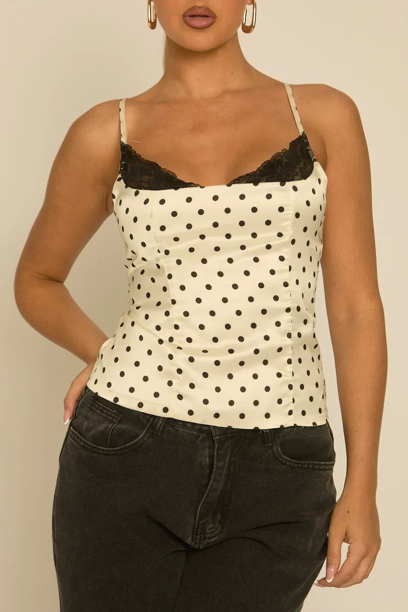 White Satin Polka Dot Lace Trim Cami Top - Arna sold by Rebellious Fashion product image thumbnail 3