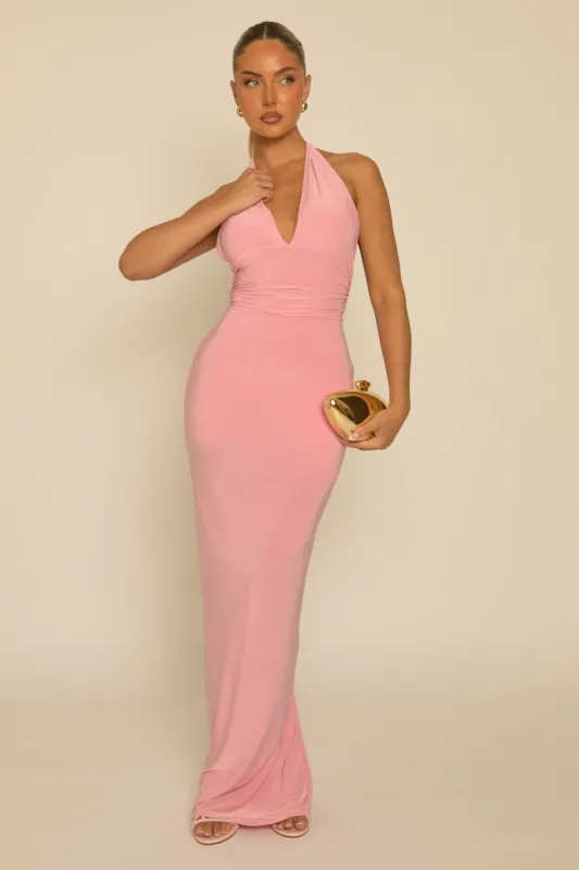 Pink Halterneck Tie Back Maxi Dress - Amalfie made by Rebellious Fashion
