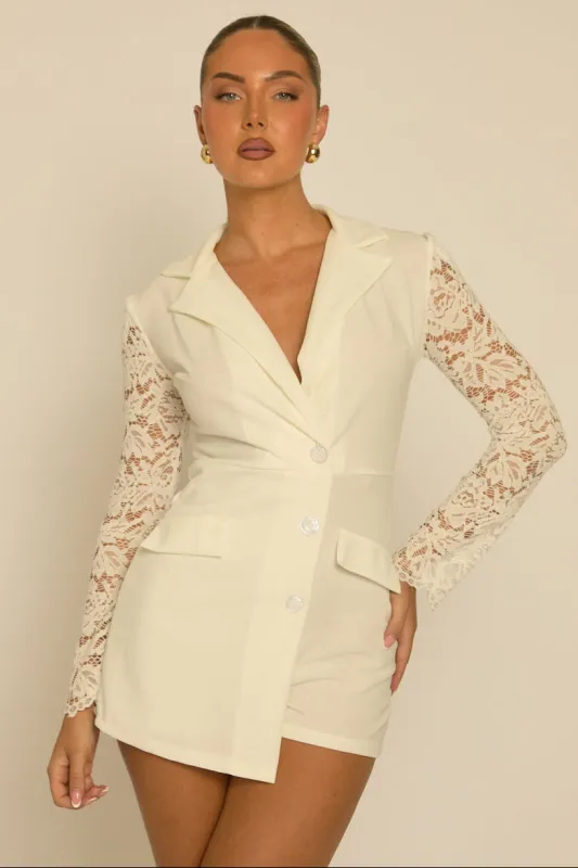 White Lace Sleeve Tailored Blazer Playsuit - Maisee made by Rebellious Fashion