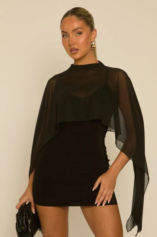 Black Cape Detail Mini Dress - Lorren made by Rebellious Fashion