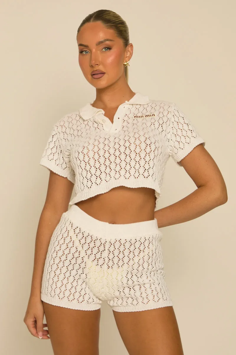 Cream Crochet Logo Detail Short Sleeve Top and Shorts Set - Rubena sold by Rebellious Fashion product image thumbnail 3