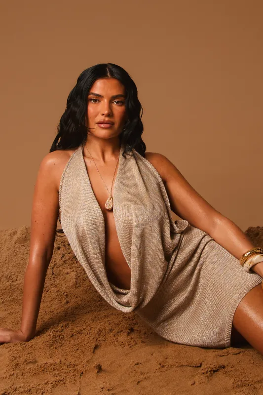 Beige Glitter Crochet Cowl Mini Dress - Freeda made by Rebellious Fashion