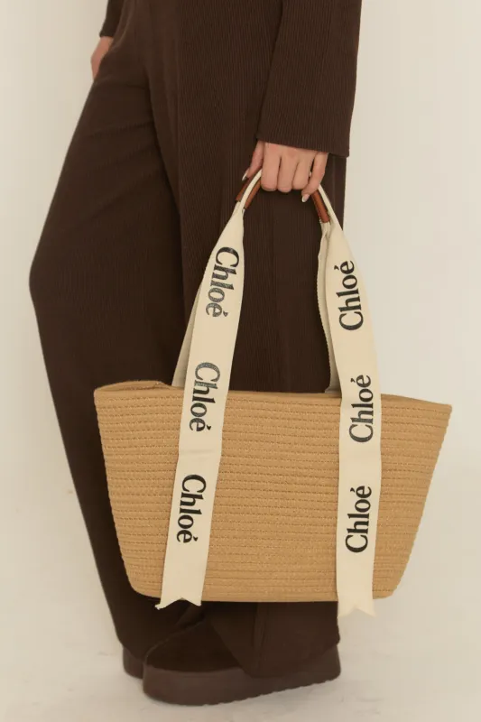 Beige Logo Detail Woven Tote Bag - Kora made by Rebellious Fashion