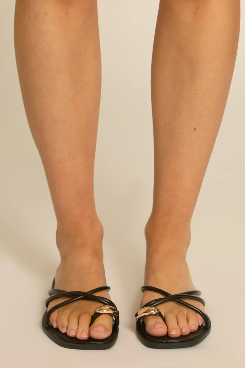 Black Strappy Gold Trim Flat Slider Sandals - Brindy sold by Rebellious Fashion product image thumbnail 3