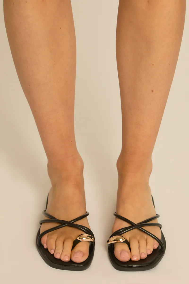 Black Strappy Gold Trim Flat Slider Sandals - Brindy sold by Rebellious Fashion product image thumbnail 5