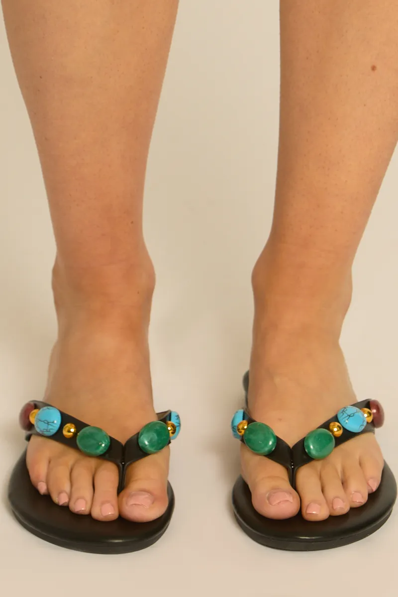 Black Thong Strap Gemstone Flat Slider Sandals - Ebonie sold by Rebellious Fashion product image thumbnail 5