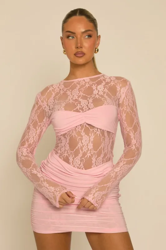 Pink Lace Gathered Bust Mini Dress - Arwen made by Rebellious Fashion