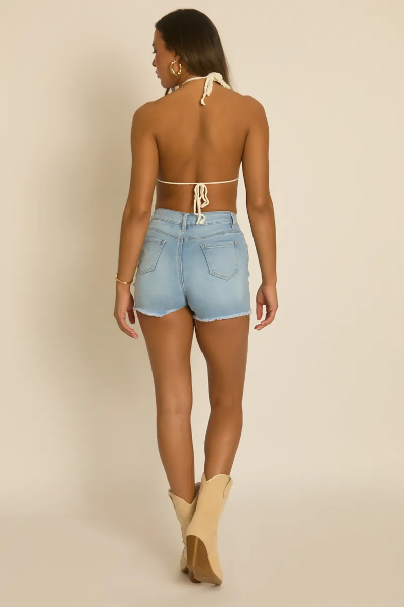 Blue Stretch Denim Frayed Hem Shorts - Luma sold by Rebellious Fashion product image thumbnail 5