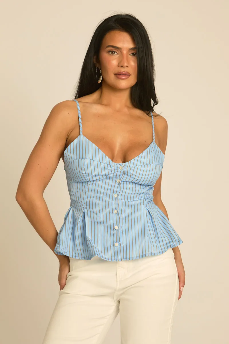 Blue Stripe Button Front Peplum Top - Emmie sold by Rebellious Fashion