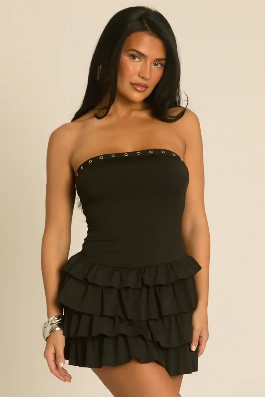 Black Eyelet Detail Bandeau Frill Mini Dress - Marnie made by Rebellious Fashion