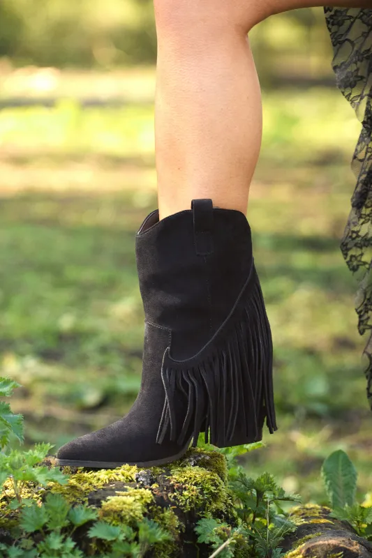 Black Fringed Pointed Toe Cowboy Boots - Lissie made by Rebellious Fashion