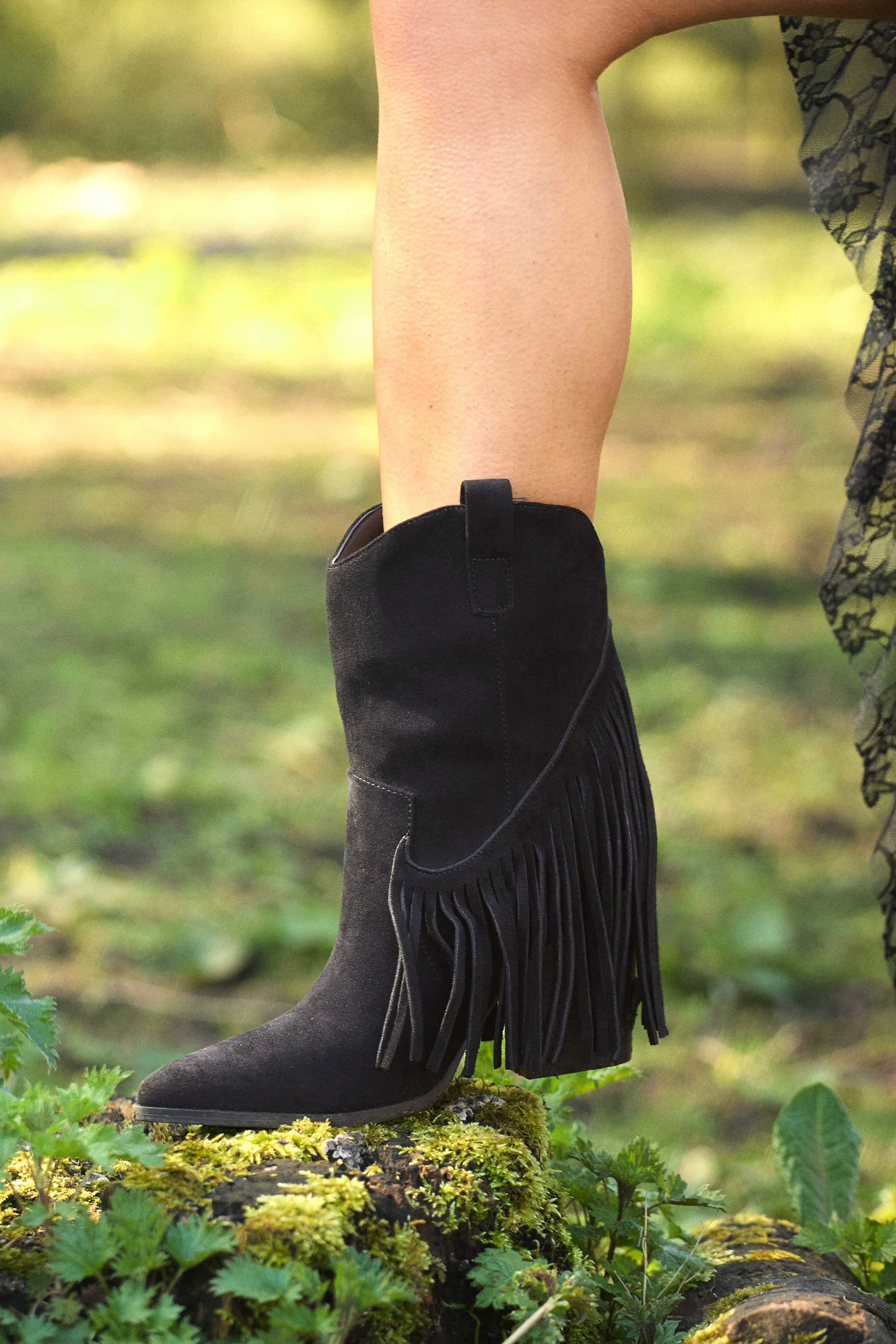 Black Fringed Pointed Toe Cowboy Boots - Lissie sold by Rebellious Fashion