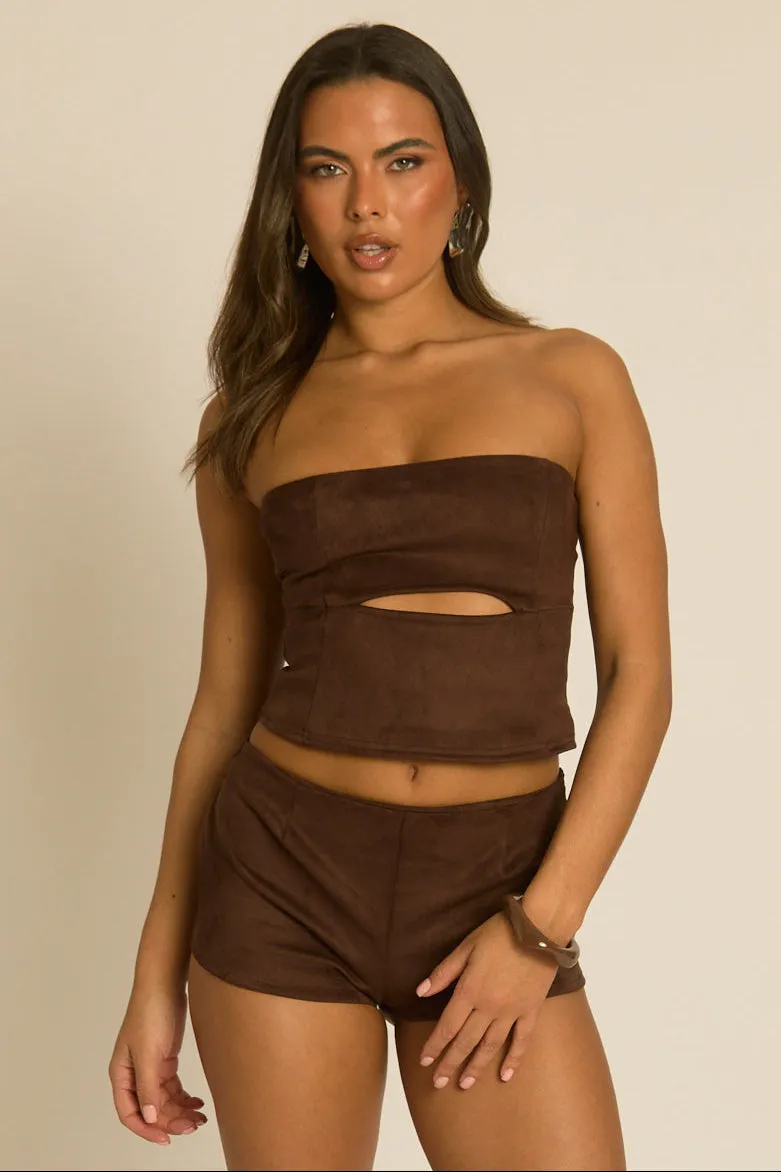 Chocolate Faux Suede Bandeau Top - Enzo sold by Rebellious Fashion product image thumbnail 4