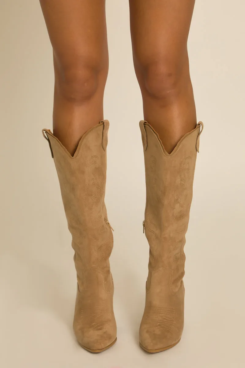 Taupe Embroidered Pointed Toe Knee High Cowboy Boots - Stormy sold by Rebellious Fashion product image thumbnail 3