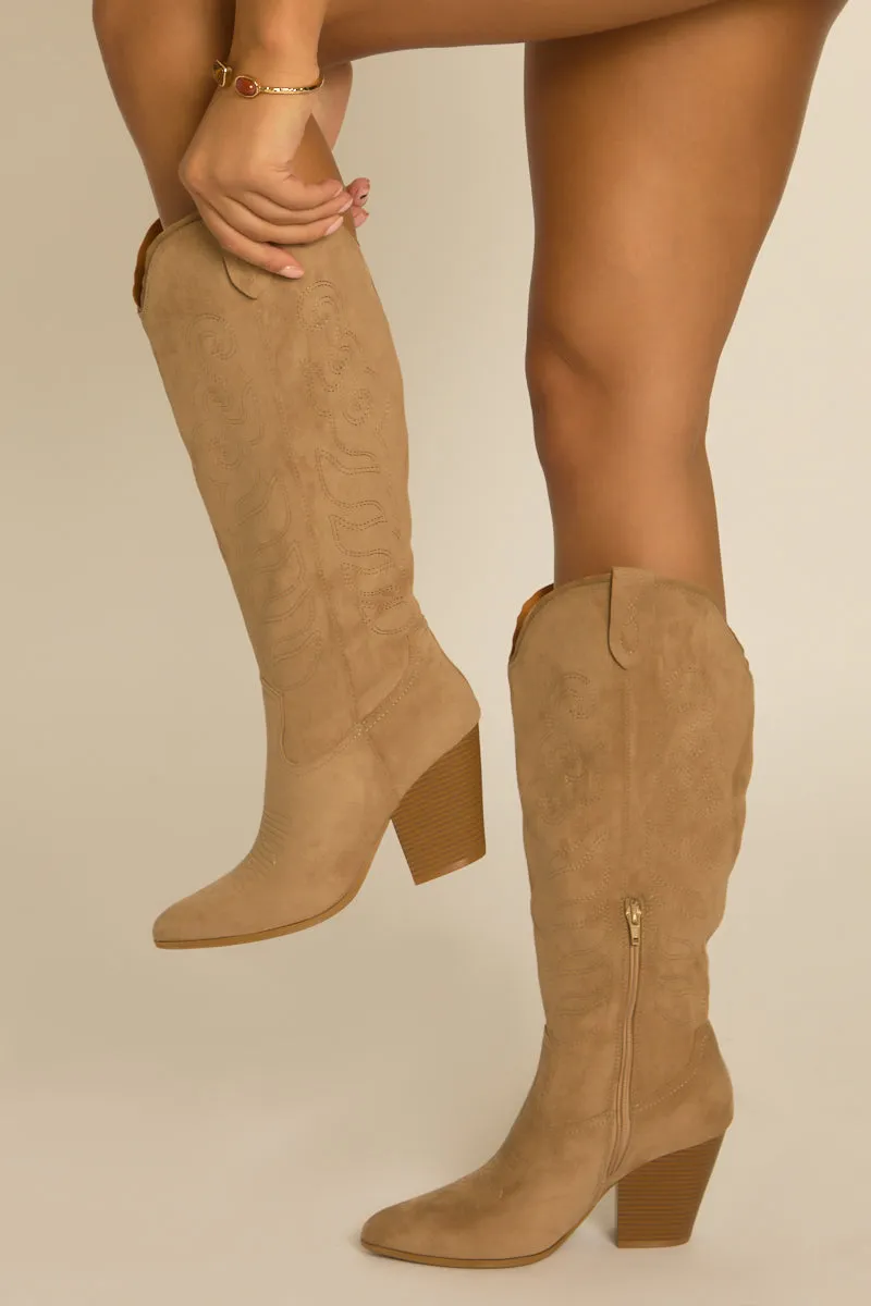 Taupe Embroidered Pointed Toe Knee High Cowboy Boots - Stormy sold by Rebellious Fashion product image thumbnail 5