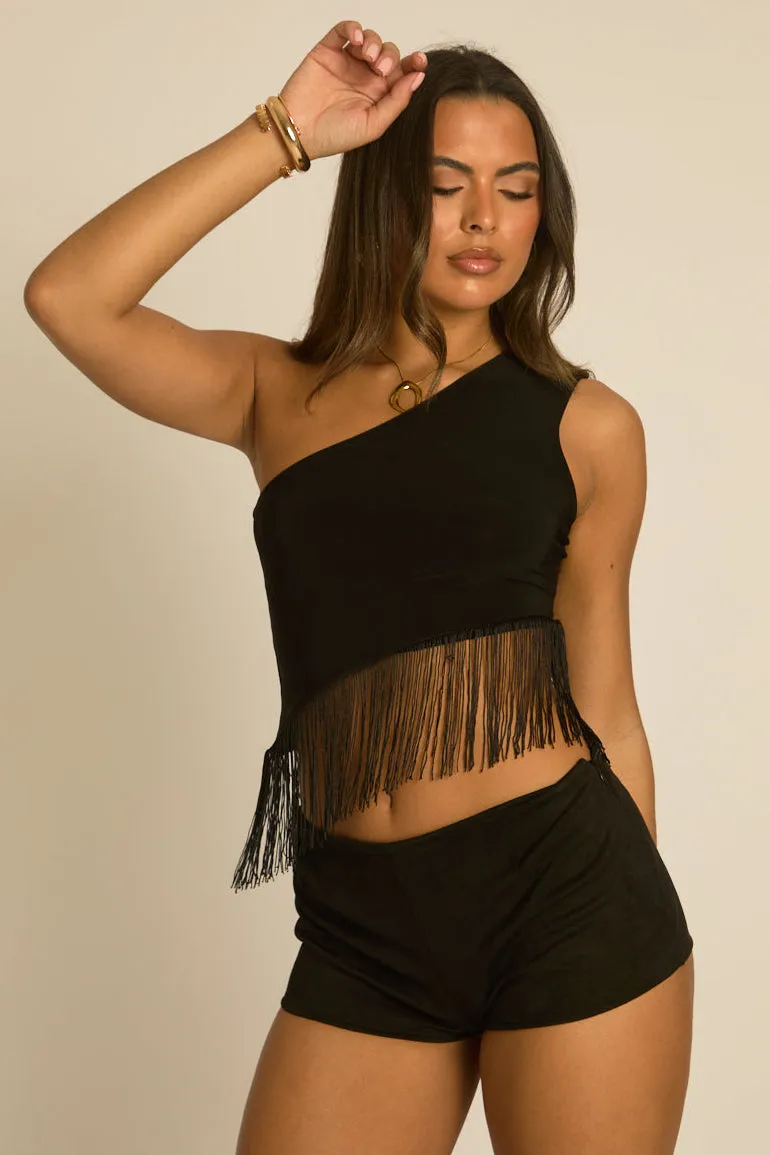 Black Fringed Asymmetric Top - Carmen sold by Rebellious Fashion product image thumbnail 3