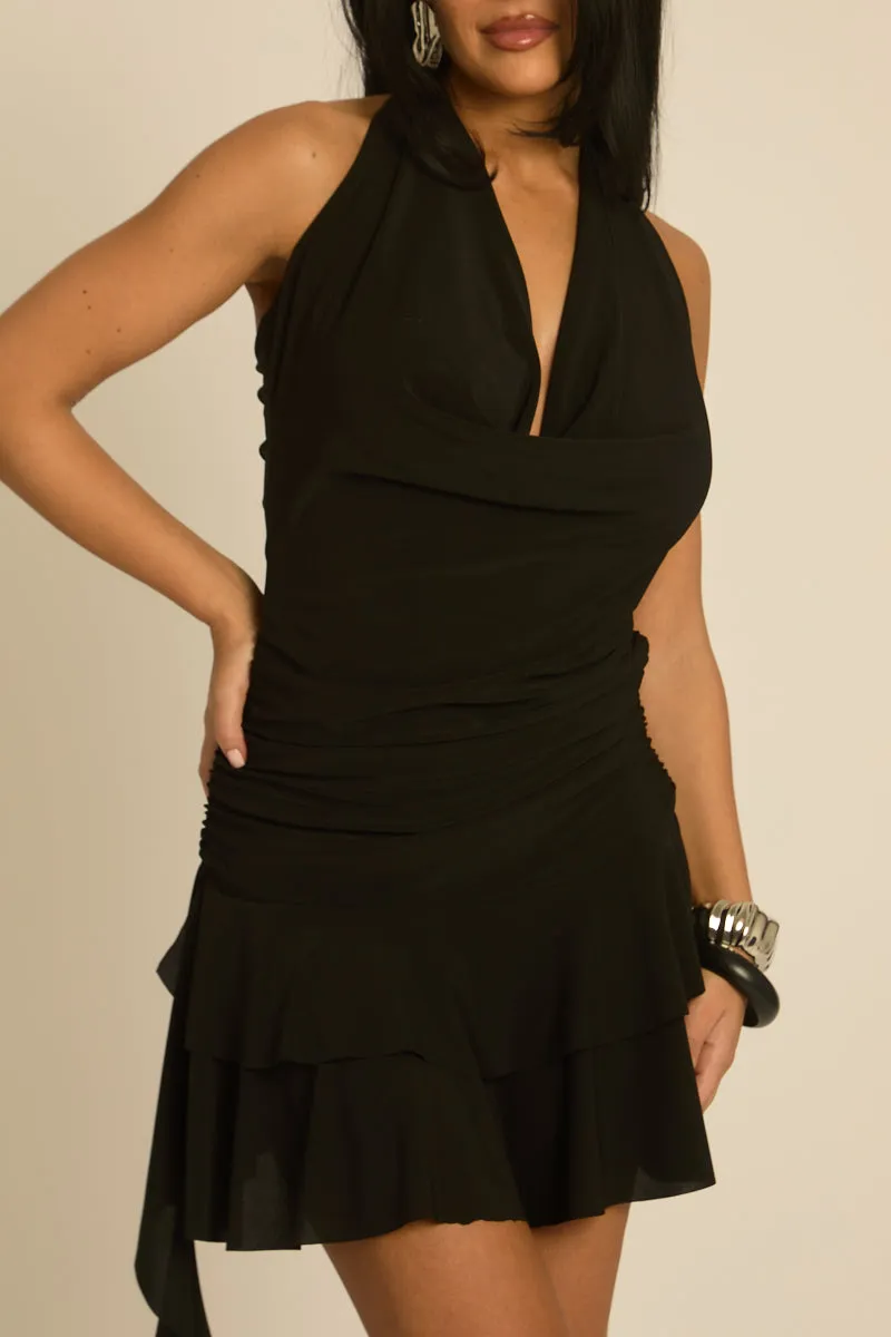 Black Cowl Asymmetric Frill Mini Dress - Arlia sold by Rebellious Fashion product image thumbnail 5