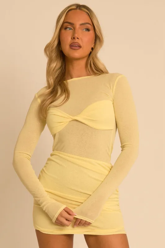 Butter Yellow Twist Front Long Sleeve Mini Dress - Reehan made by Rebellious Fashion
