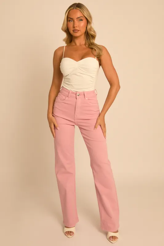 Pink Stretch Denim Wide Leg Jeans - Brayson made by Rebellious Fashion