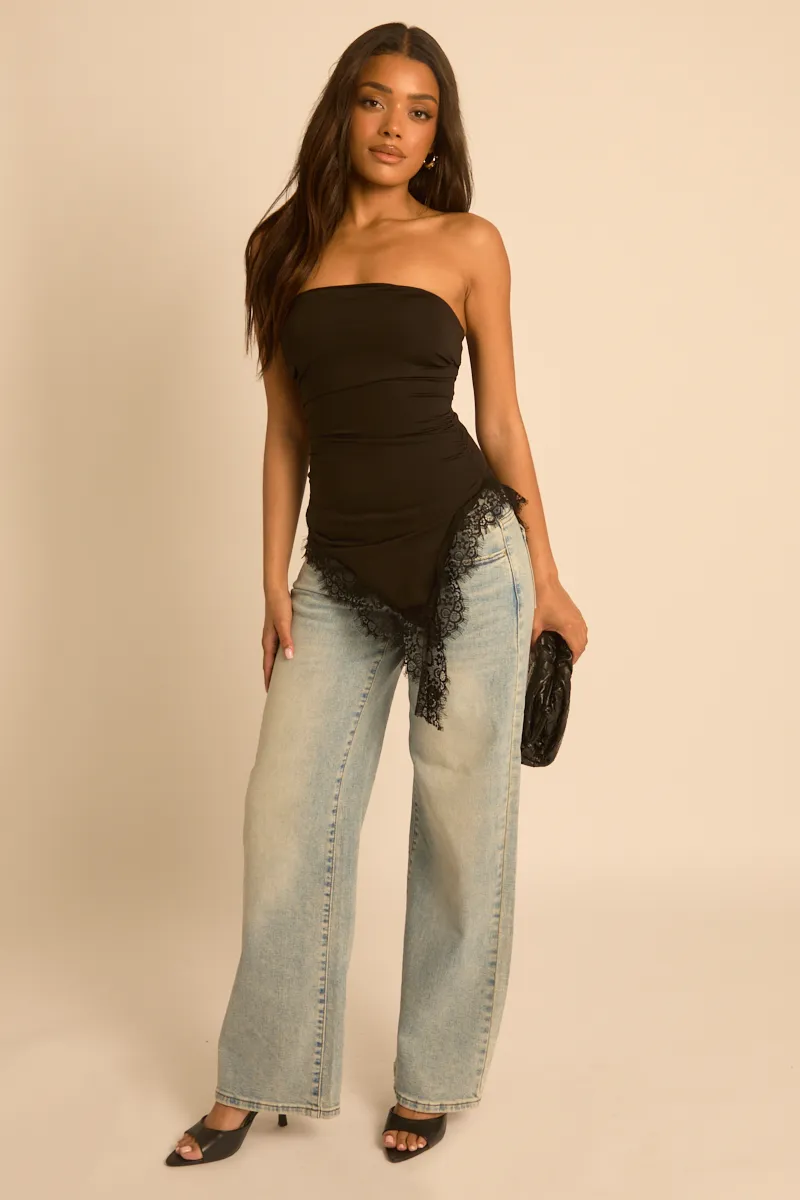 Black Asymmetric Lace Trim Bandeau Top - Solara sold by Rebellious Fashion product image thumbnail 2