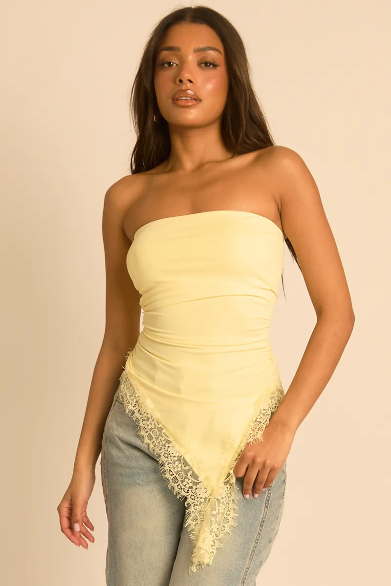 Yellow Asymmetric Lace Trim Bandeau Top - Solara sold by Rebellious Fashion