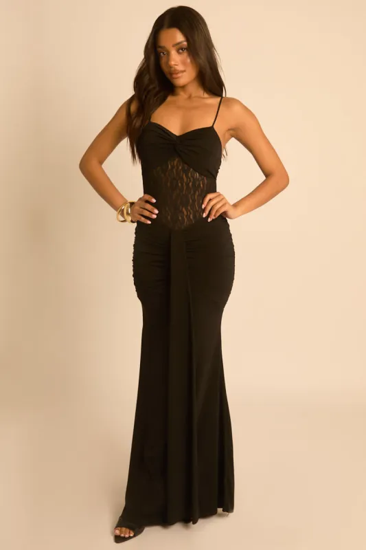 Black Lace Insert Gathered Maxi Dress - Suki made by Rebellious Fashion