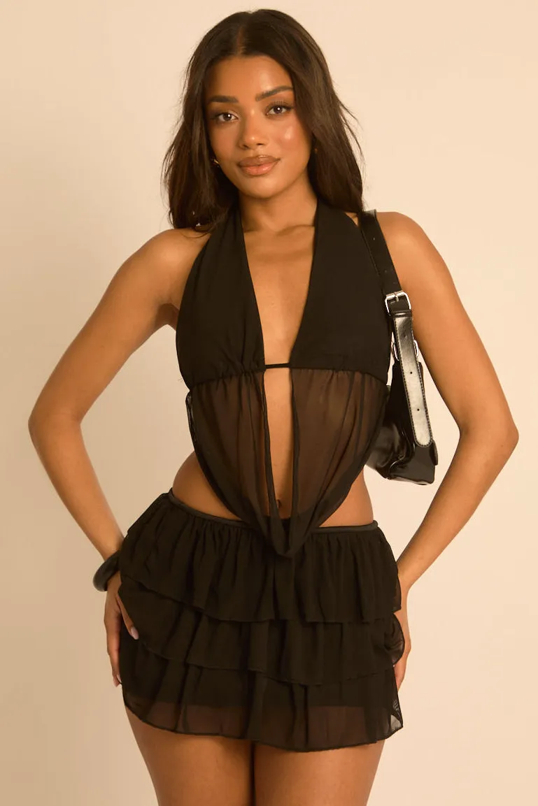 Black Mesh Plunge Top and Mini Skirt Frill Co-ord Set - Allie sold by Rebellious Fashion product image thumbnail 2