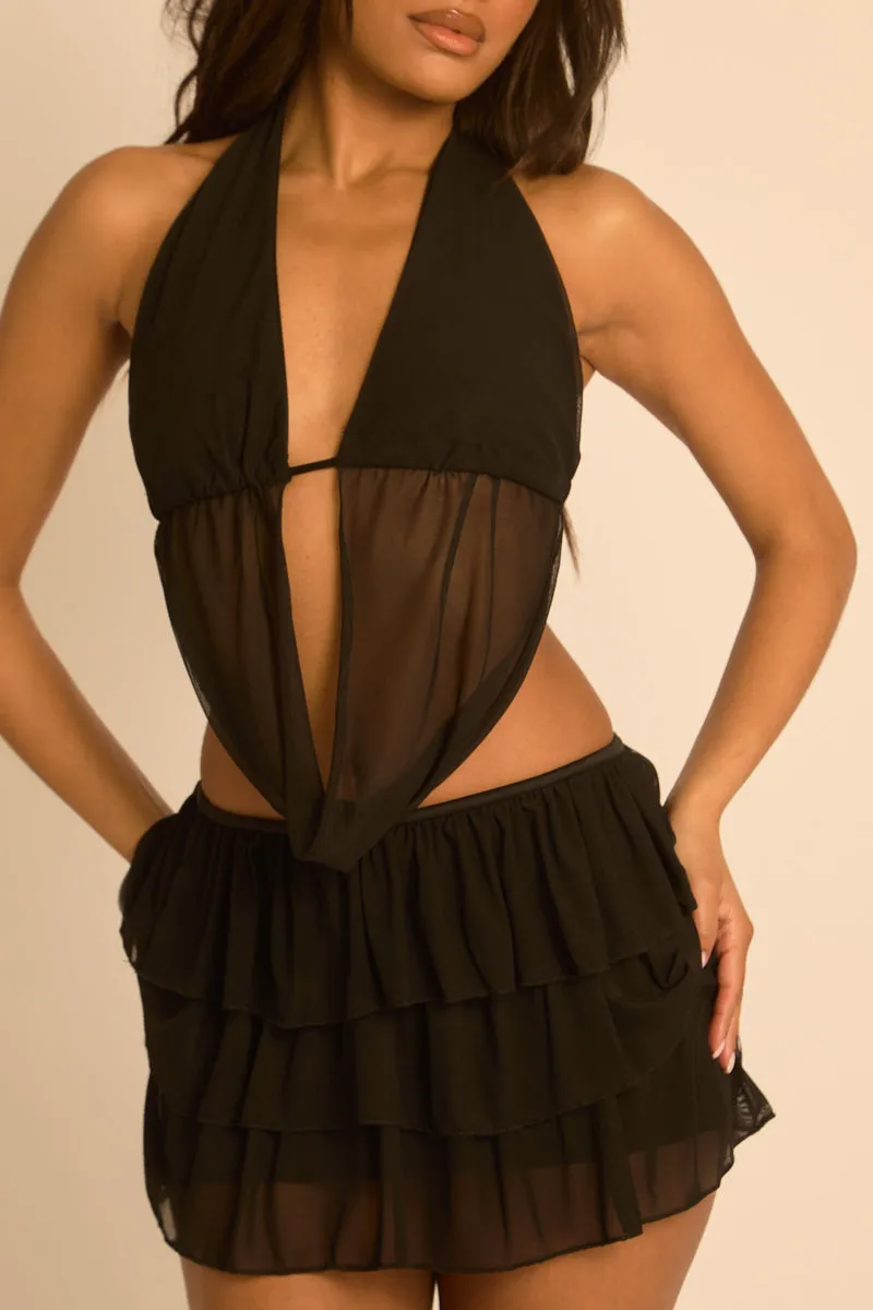 Black Mesh Plunge Top and Mini Skirt Frill Co-ord Set - Allie sold by Rebellious Fashion product image thumbnail 3