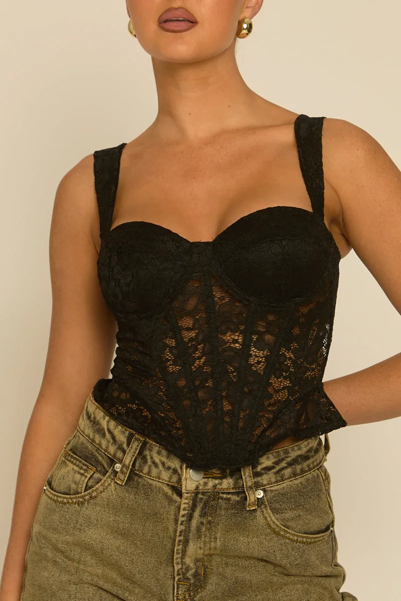 Black Lace Semi Sheer Corset Top - Sharna sold by Rebellious Fashion product image thumbnail 3