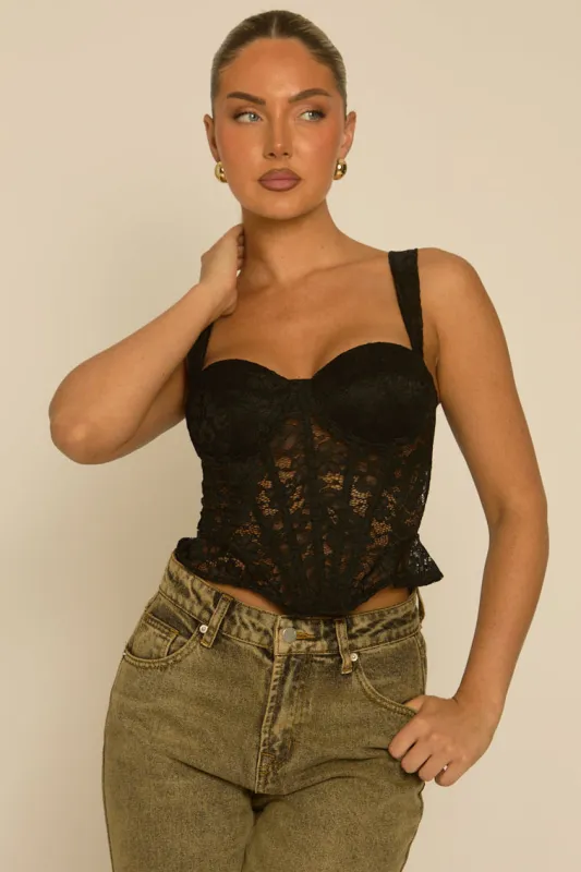 Black Lace Semi Sheer Corset Top - Sharna made by Rebellious Fashion