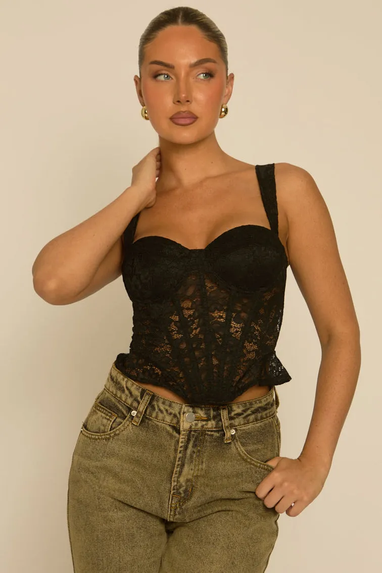 Black Lace Semi Sheer Corset Top - Sharna sold by Rebellious Fashion
