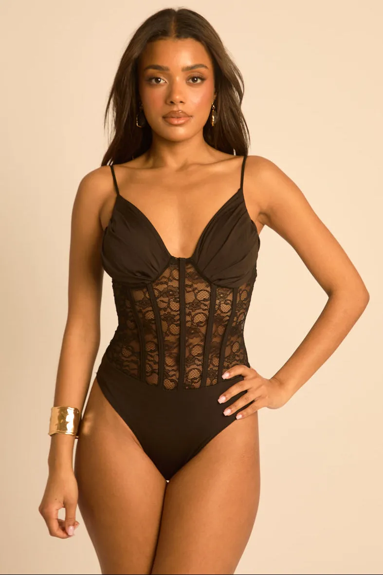 Black Lace Corset Detail Bodysuit - Charlee sold by Rebellious Fashion product image thumbnail 3