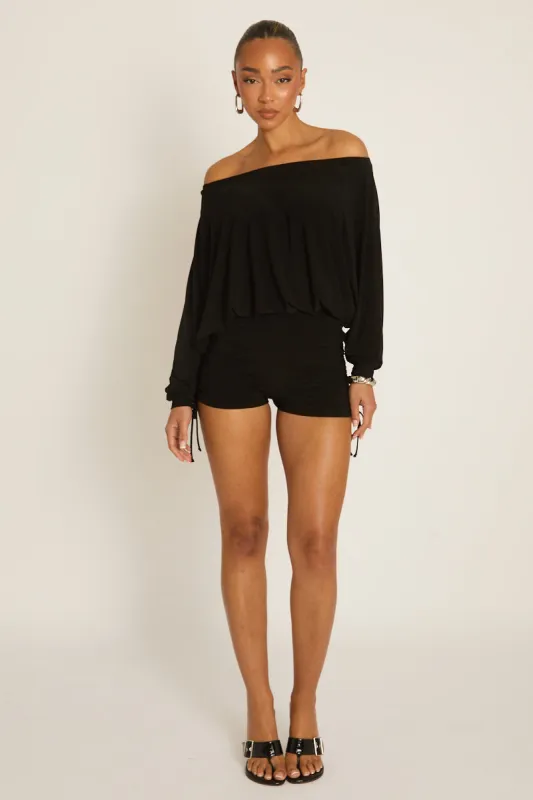 Black Off Shoulder Blouson Playsuit - Kada made by Rebellious Fashion