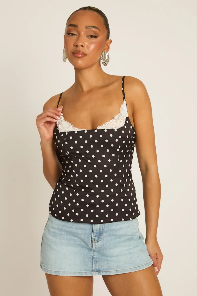 Black Satin Polka Dot Lace Trim Cami Top - Arna sold by Rebellious Fashion product image thumbnail 3